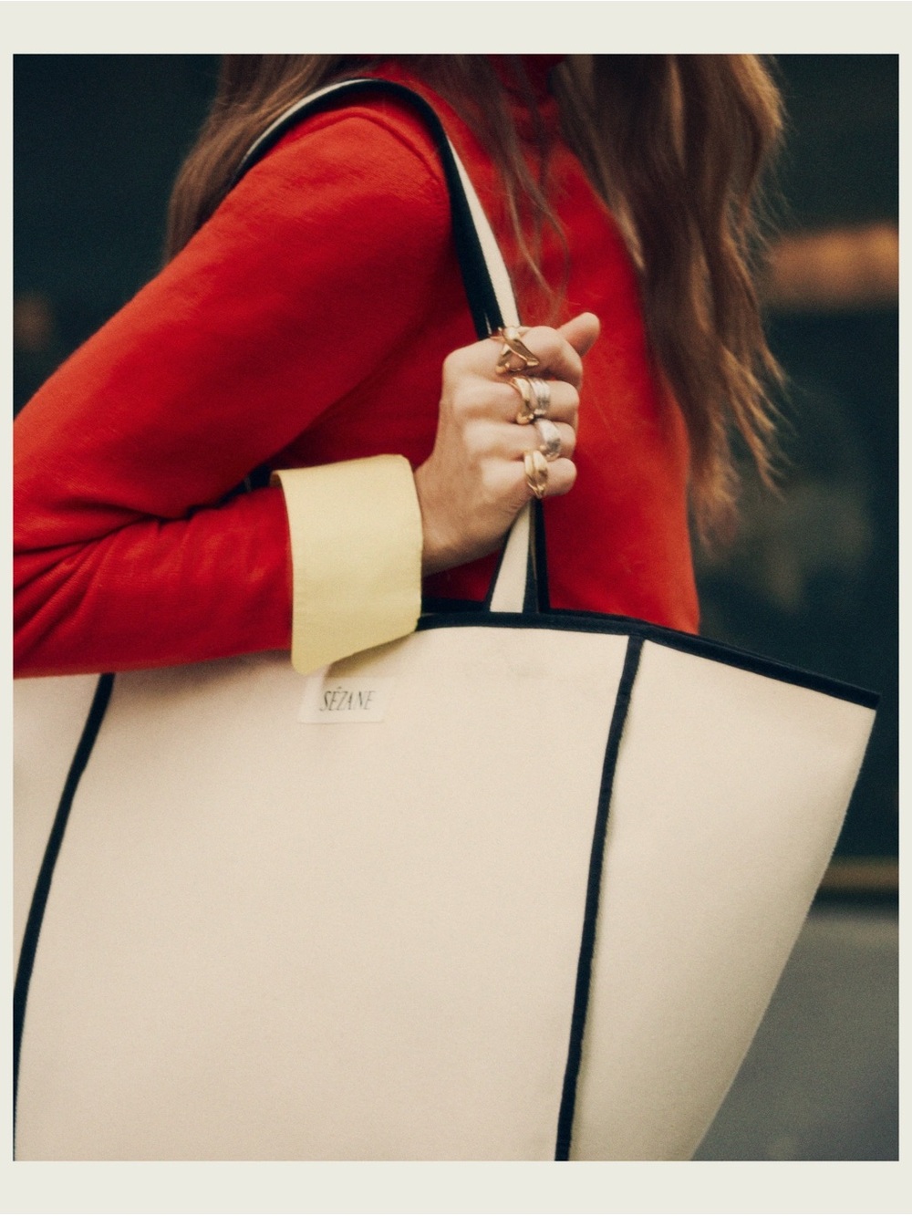 NWOT Sezane Off White Canvas Tote with Black Trim